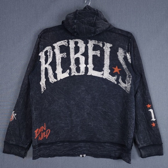 Affliction Rebels Hoodie‎ Mens Medium Distressed Gray Full Zip Jacket Y2K Grunge